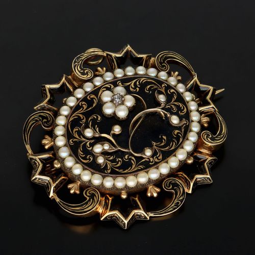 15ct Gold Pearl and Diamond Mourning Brooch image-1