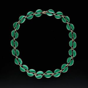 Vintage David Andersen Silver and Green Enamel Leaf Necklace