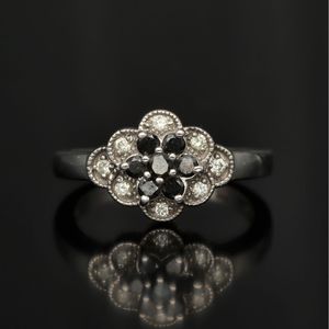 14ct White Gold Black and White Diamond Cluster Ring