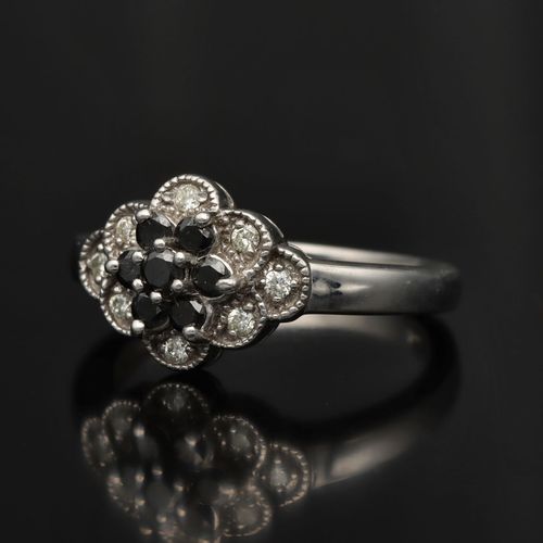 14ct White Gold Black and White Diamond Cluster Ring image-3