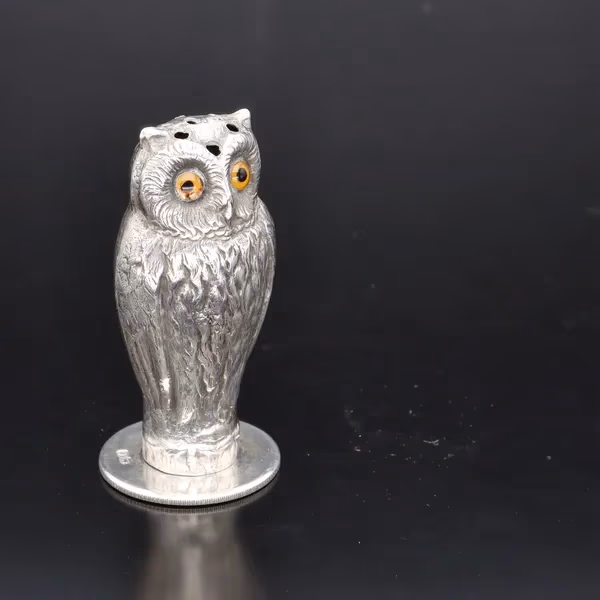 Pair of George V Silver Pepperettes Shaped as Owls