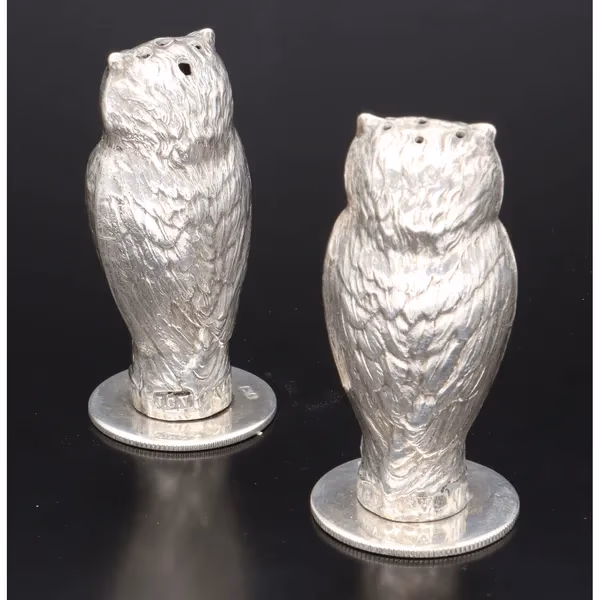 Pair of George V Silver Pepperettes Shaped as Owls