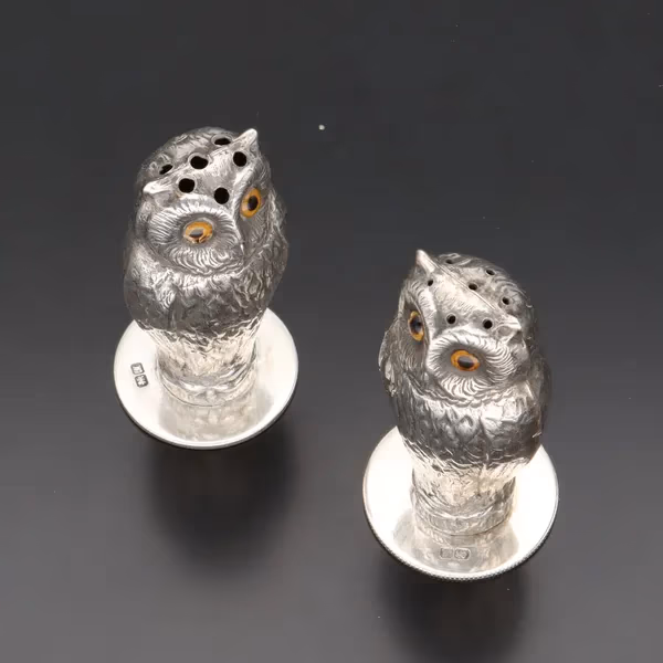 Pair of George V Silver Pepperettes Shaped as Owls