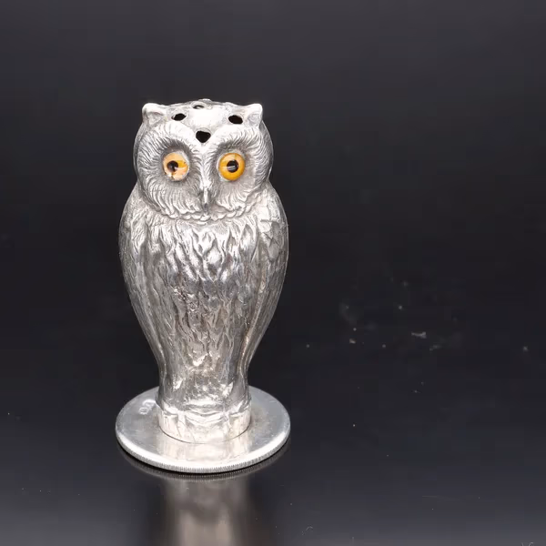 Pair of George V Silver Pepperettes Shaped as Owls