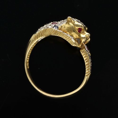 Vintage 18ct Gold Multi Gem and Diamond Panther Ring image-1