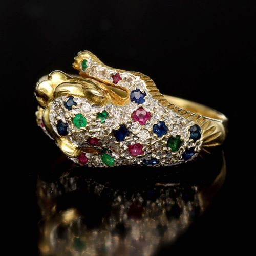 Vintage 18ct Gold Multi Gem and Diamond Panther Ring image-5