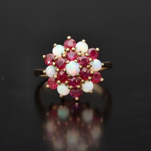 20th Century 9ct Gold Ruby and Opal Cluster Ring image-2