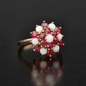 20th Century 9ct Gold Ruby and Opal Cluster Ring