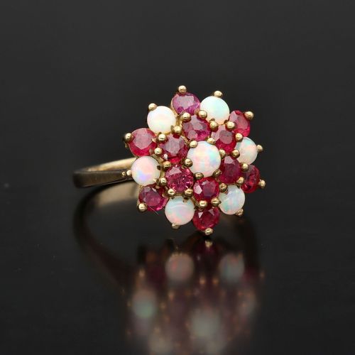 20th Century 9ct Gold Ruby and Opal Cluster Ring image-1