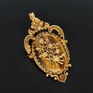 Victorian 9ct Gold Tigers Eye and Diamond Pendant/Brooch