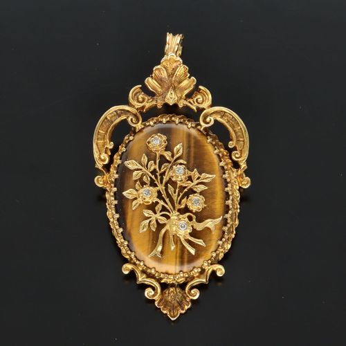 Victorian 9ct Gold Tigers Eye and Diamond Pendant/Brooch image-5