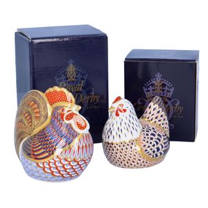 Royal Crown Derby Paperweights of a Cockerel and Chicken