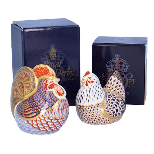 Royal Crown Derby Paperweights of a Cockerel and Chicken image-1