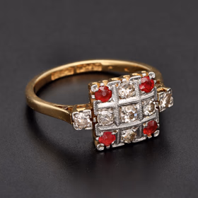 Art Deco 18ct Yellow Gold & Platinum Diamond & Garnet Ring