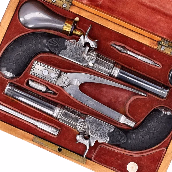Fine Cased Pair of 60 Bore Precussion Boxlock Pocket Pistols
