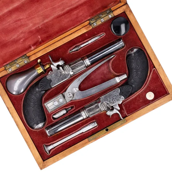 Fine Cased Pair of 60 Bore Precussion Boxlock Pocket Pistols