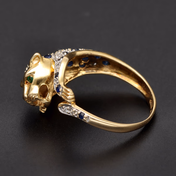 18ct Yellow Gold Sapphire & Diamond Leopard Ring