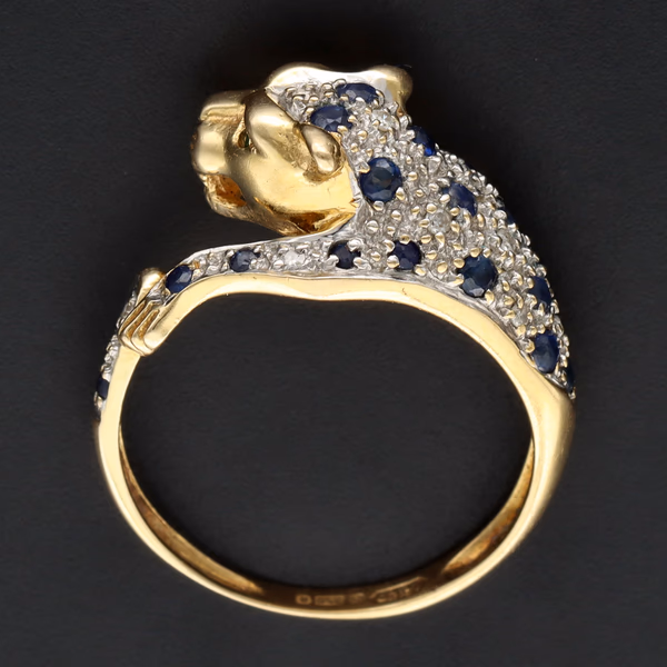 18ct Yellow Gold Sapphire & Diamond Leopard Ring