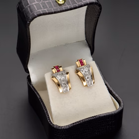 18ct Yellow Gold Art Deco Ruby & Graduated Diamond Earrings