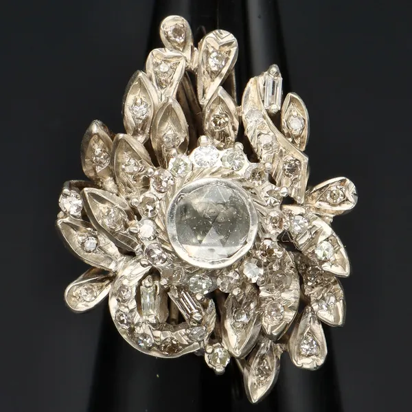 18ct White Gold French Old Cut Diamond Cluster Ring
