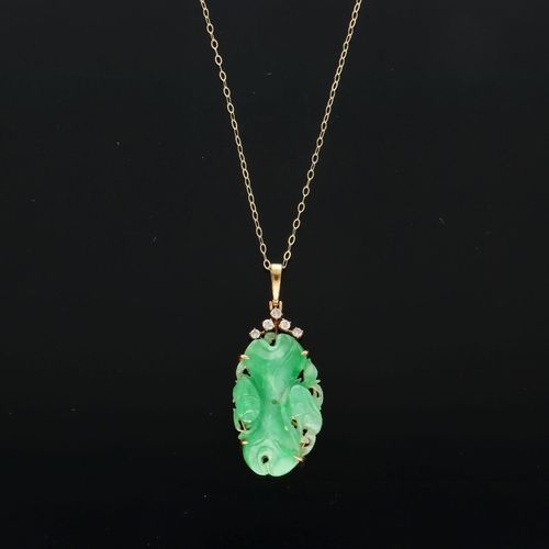 14ct Gold Jade and Diamond Pendant image-1