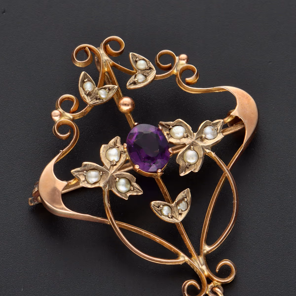 9ct Yellow Gold Edwardian Seed Pearl & Amethyst Brooch/Pendant