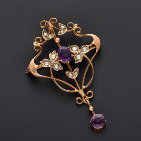 9ct Yellow Gold Edwardian Seed Pearl & Amethyst Brooch/Pendant