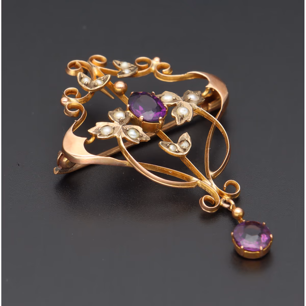 9ct Yellow Gold Edwardian Seed Pearl & Amethyst Brooch/Pendant