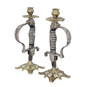 Pair of Brass Military Sword Candlesticks