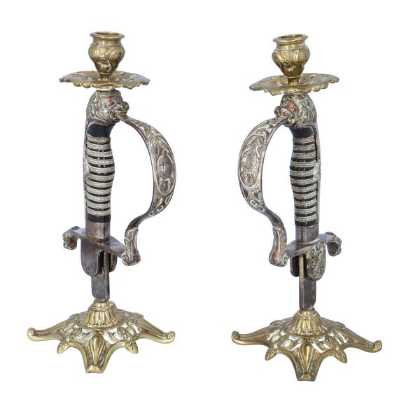 Pair of Brass Military Sword Candlesticks