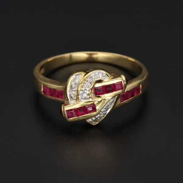 18ct Yellow Gold Diamond & Ruby Heart Ring