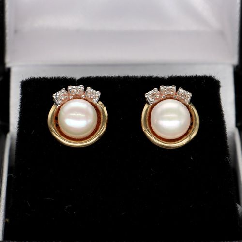 9ct Gold Diamond and Cultured Pearl Studs image-2