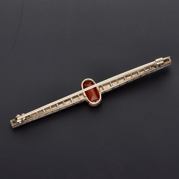 Platinum Seed Pearl and Fire Opal Bar Brooch