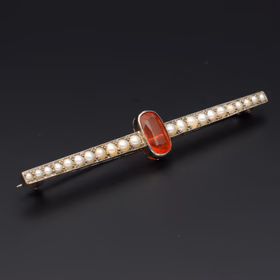 Platinum Seed Pearl and Fire Opal Bar Brooch