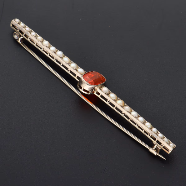 Platinum Seed Pearl and Fire Opal Bar Brooch
