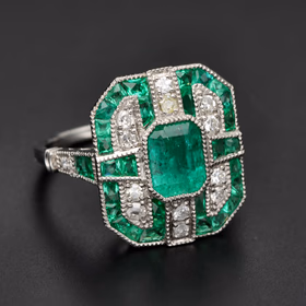 Platinum Emerald & Diamond Art Deco Ring