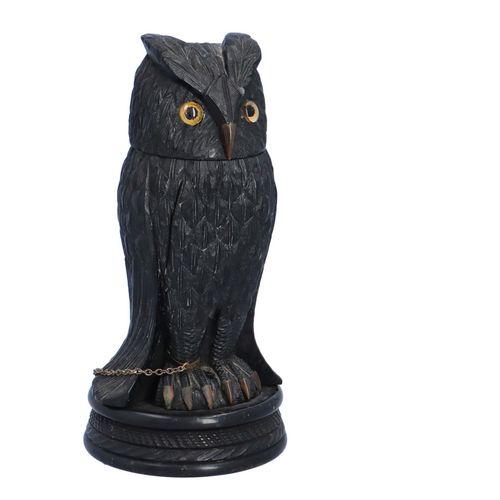 19th Century Irish Bog Oak Owl Inkwell Possibly by C Goggins image-1