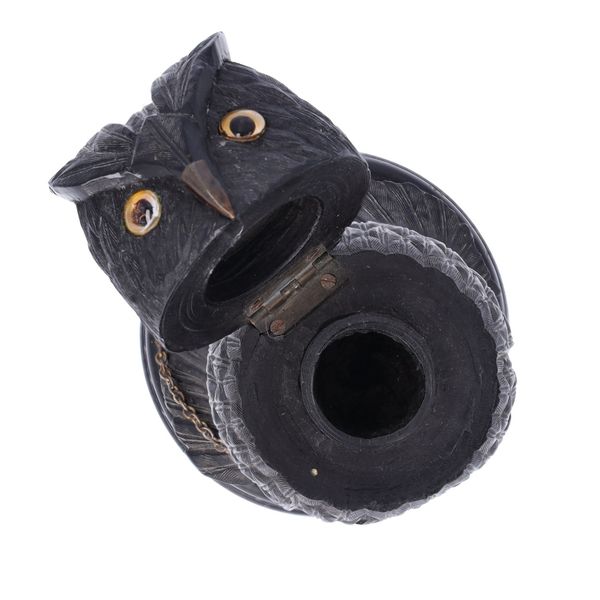 19th Century Irish Bog Oak Owl Inkwell Possibly by C Goggins