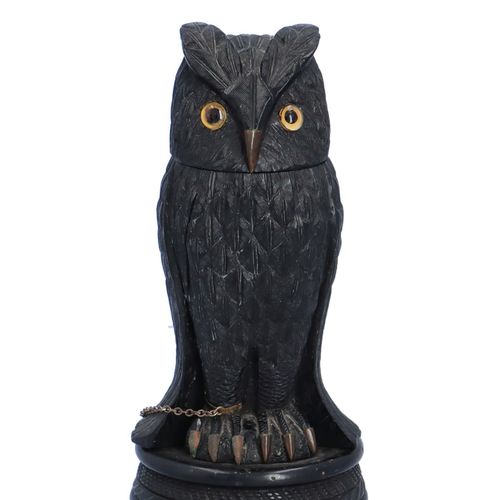 19th Century Irish Bog Oak Owl Inkwell Possibly by C Goggins image-2