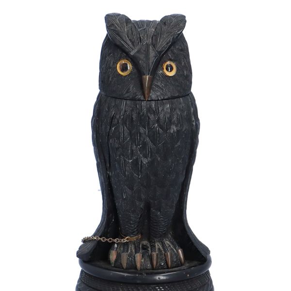 19th Century Irish Bog Oak Owl Inkwell Possibly by C Goggins