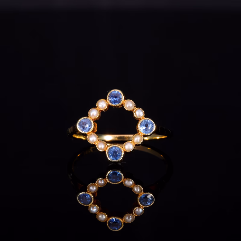 360° view of The Antique Edwardian Sapphire and Pearl Geometric Ring