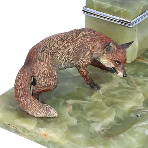 Cold Painted Austrian Bronze Fox and Onyx Inkwell image-3