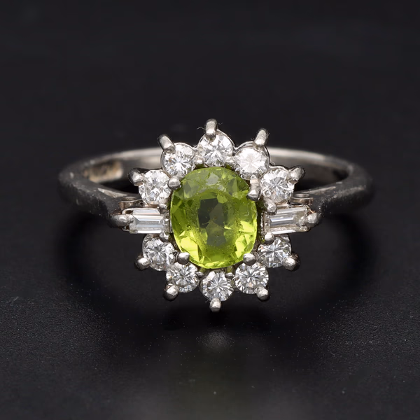 Platinum Peridot & Diamond Cluster Ring