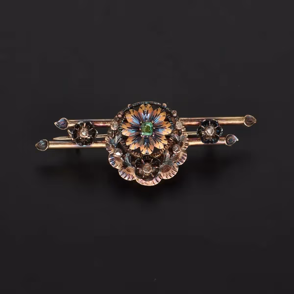 Diamond & Emerald Victorian 15ct Gold Brooch