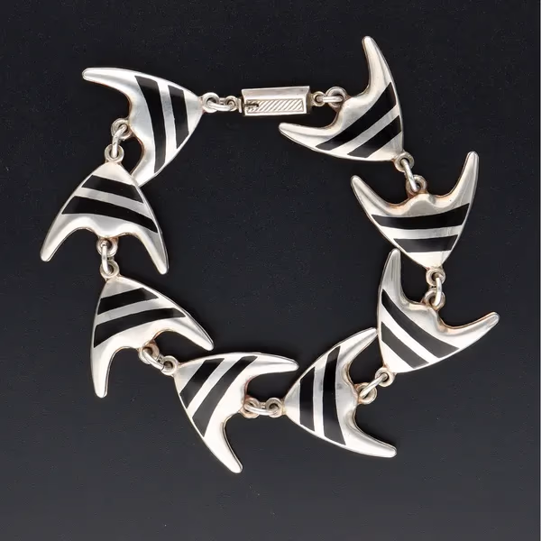 Rare Modernist Danish Sterling Silver and Black Enamel Angel Fish Bracelet