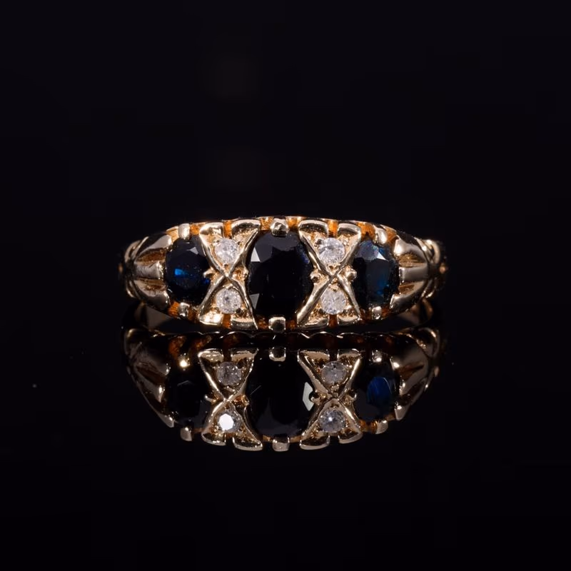 360° view of The Vintage 1990 Diamond And Sapphire Flush Set Boat Ring