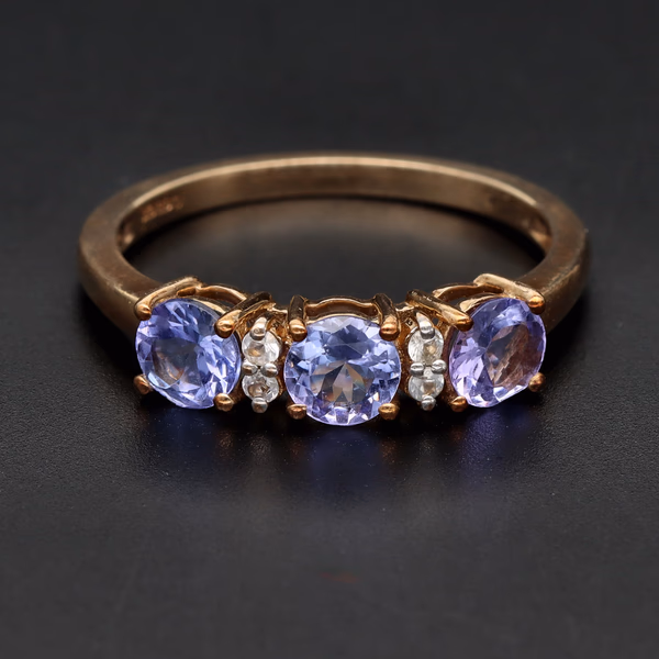 9ct Yellow Gold Three Stone Tanzanite & Diamond Ring