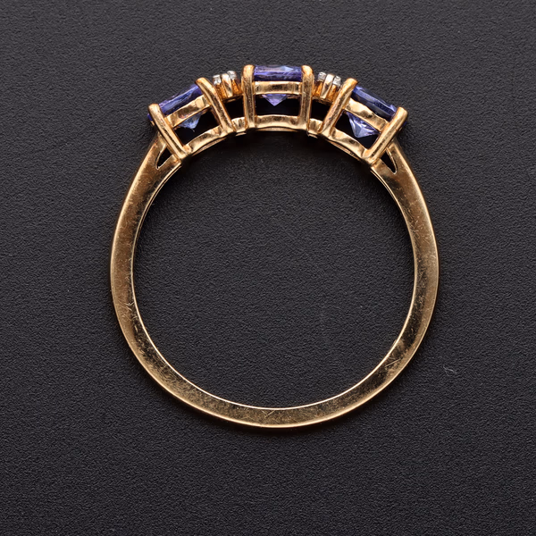 9ct Yellow Gold Three Stone Tanzanite & Diamond Ring