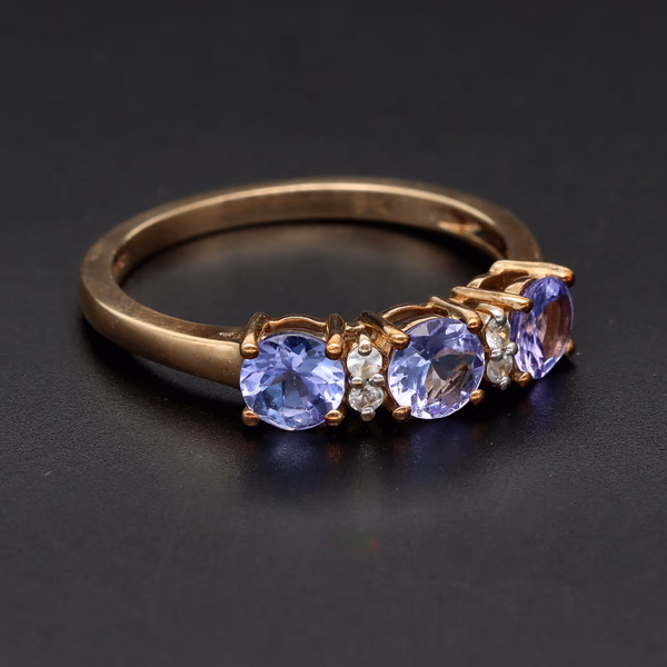 9ct Yellow Gold Three Stone Tanzanite & Diamond Ring