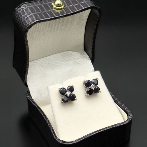 Silver Blue and White Sapphire Flower Earrings image-1
